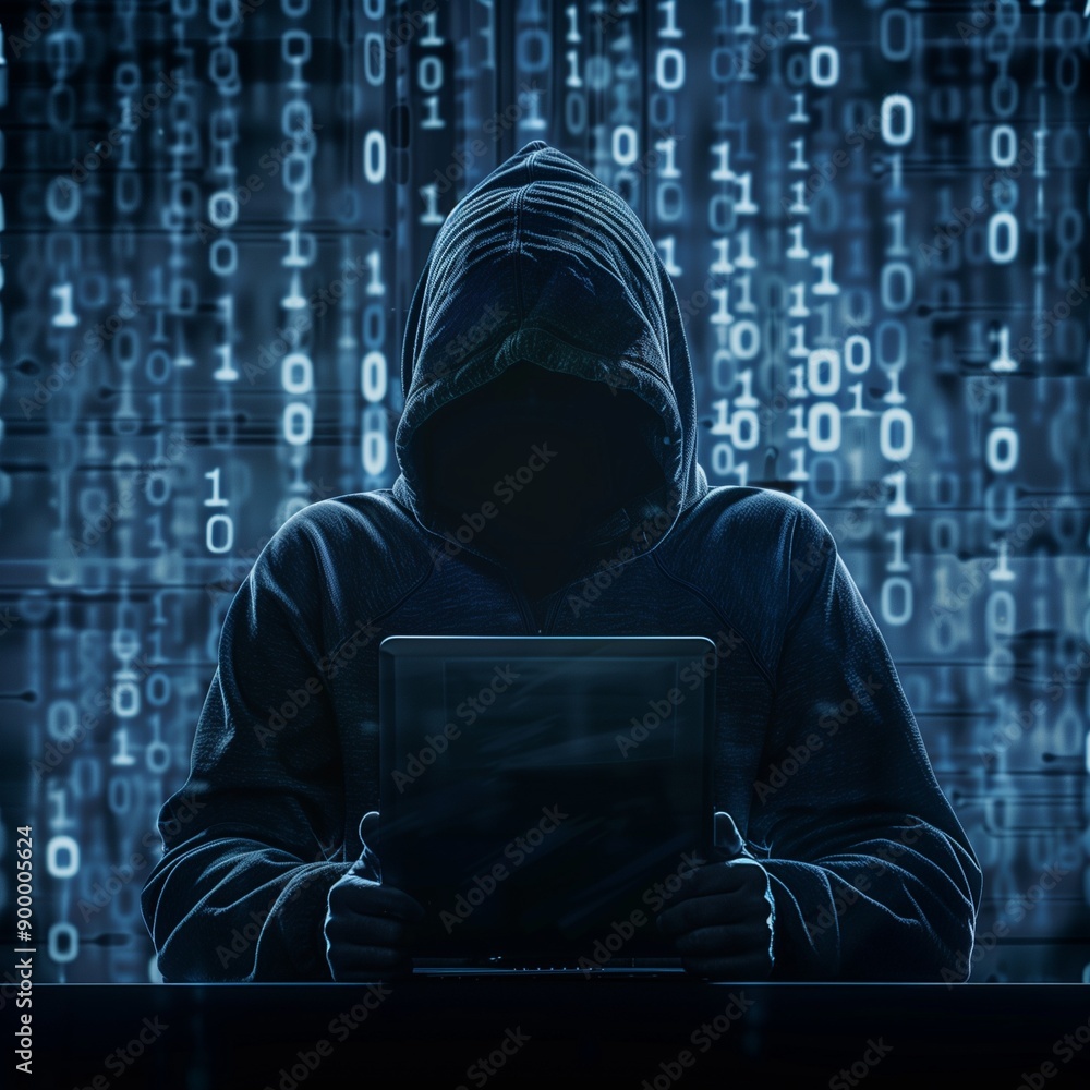 A hooded, faceless hacker sits against a background of digital programming code A hooded, faceless hacker sits against a background of digital programming code