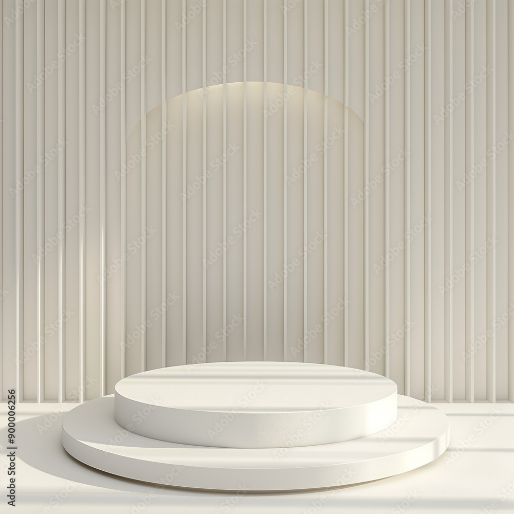 Minimalist Empty Pedestal Against White Striped Walls - Modern Stage Design with Circular Shapes and Vibrant Backdrops Minimalist Empty Pedestal Against White Striped Walls - Modern Stage Design with Circular Shapes and Vibrant Backdrops