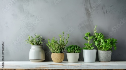 Simplistic kitchen design with aromatic herbs on table Lifestyle concept with empty space