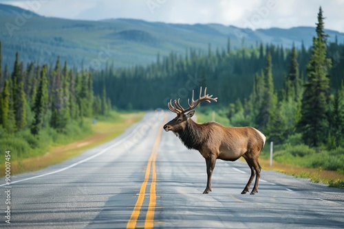 A large bull elk stands in the middle of a paved road with a mountainous background. photo