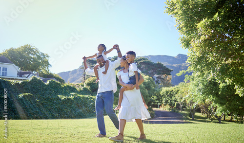 Fotografía Black people, parents and kids with smile at park for bonding, love and trust with support for child development