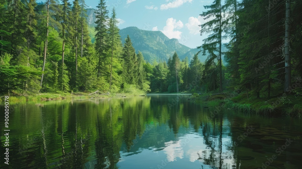 Beautiful landscape view of green summer forest with spruce and pine trees mountain, lake, river. Adventure travel nature background. Ecosystem ecology healthy environment - generative ai Beautiful landscape view of green summer forest with spruce and pine trees mountain, lake, river. Adventure travel nature background. Ecosystem ecology healthy environment - generative ai