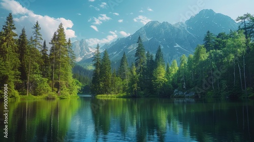 Beautiful landscape view of green summer forest with spruce and pine trees mountain, lake, river. Adventure travel nature background. Ecosystem ecology healthy environment - generative ai