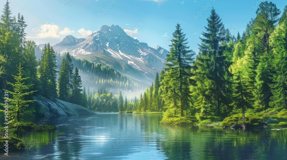 Beautiful landscape view of green summer forest with spruce and pine trees mountain, lake, river. Adventure travel nature background. Ecosystem ecology healthy environment - generative ai Beautiful landscape view of green summer forest with spruce and pine trees mountain, lake, river. Adventure travel nature background. Ecosystem ecology healthy environment - generative ai