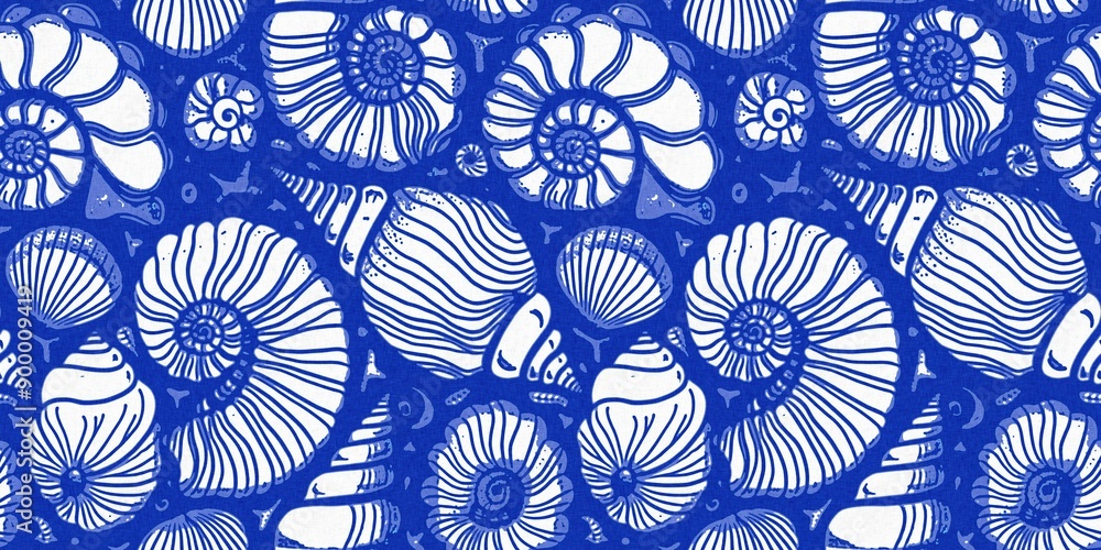 Azure blue white shell motif with linen seamless batik border background. Modern coastal beach cottage rustic shell block print home decor pattern, Sealife banner style Azure blue white shell motif with linen seamless batik border background. Modern coastal beach cottage rustic shell block print home decor pattern, Sealife banner style