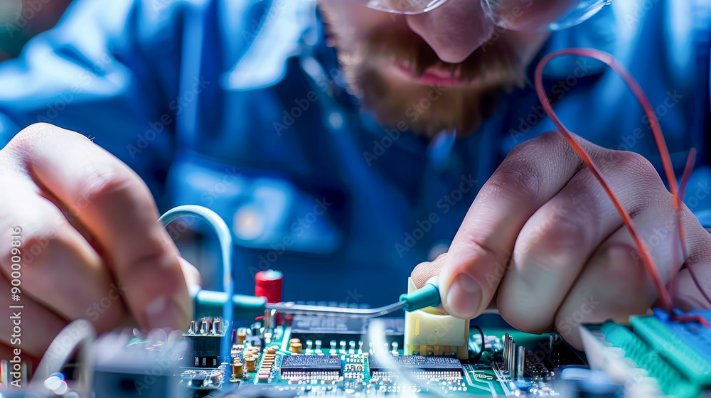 Focused Engineer Working on Circuit Board Focused Engineer Working on Circuit Board
