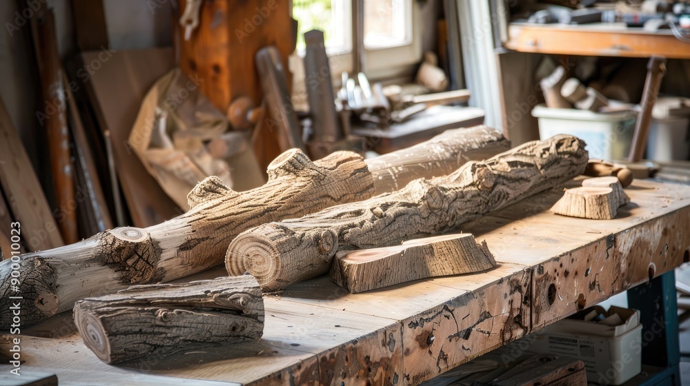 Old wooden branches logs on a workbench displaying growth rings Old wooden branches logs on a workbench displaying growth rings