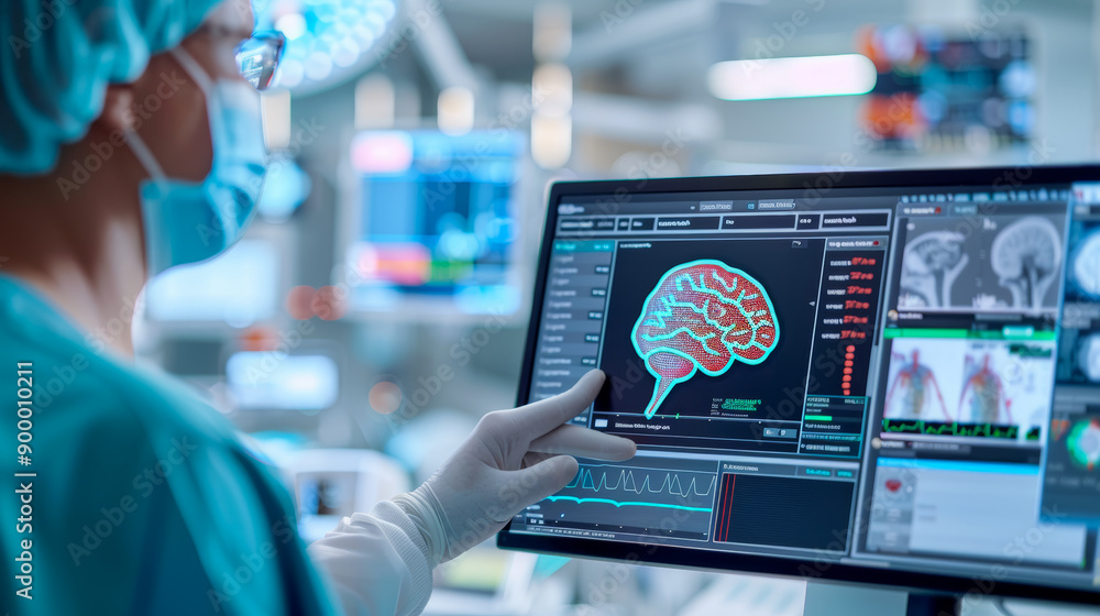 Doctor Analyzing Digital Brain Scan Data on Advanced Medical Display Doctor Analyzing Digital Brain Scan Data on Advanced Medical Display