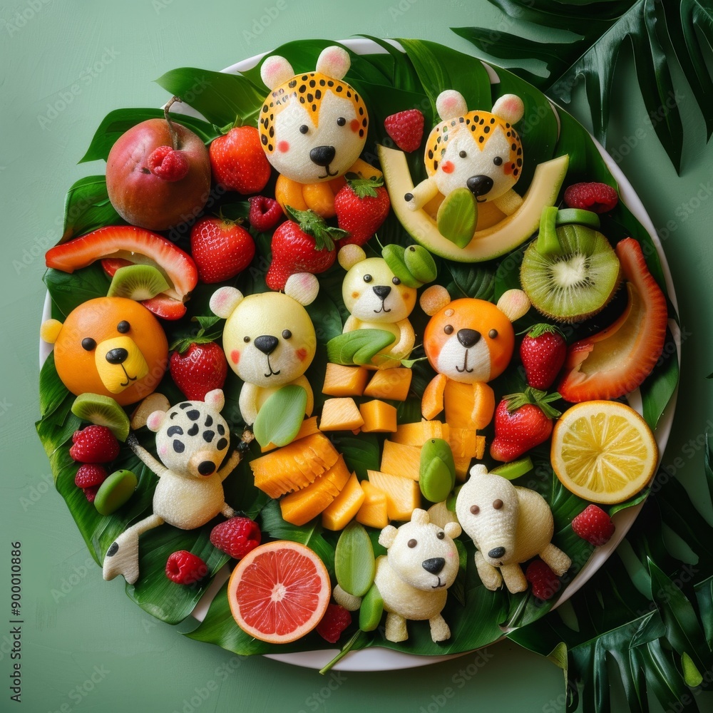 A creative fruit platter showcasing animal shapes made from melons and citrus slices. The arrangement includes fresh strawberries, grapes, and pomegranates, offering a colorful and nutritious treat. A creative fruit platter showcasing animal shapes made from melons and citrus slices. The arrangement includes fresh strawberries, grapes, and pomegranates, offering a colorful and nutritious treat.