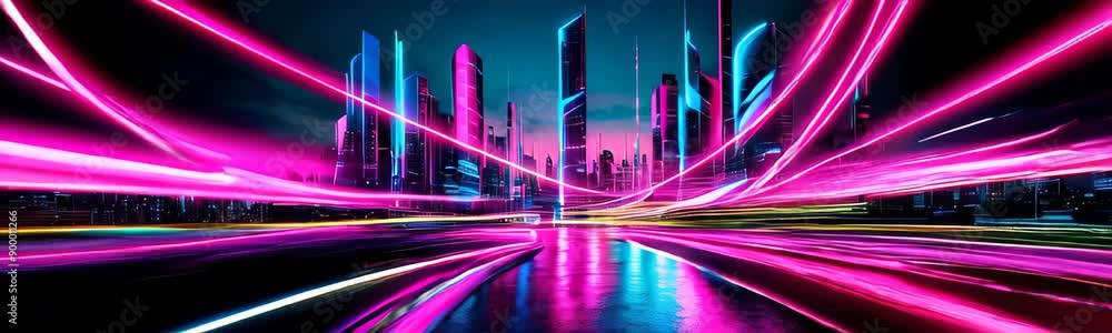 futuristic cityscape in neon pink and blue lights with streaks of light on road highway. Night city life. Web site banner copy space template futuristic cityscape in neon pink and blue lights with streaks of light on road highway. Night city life. Web site banner copy space template