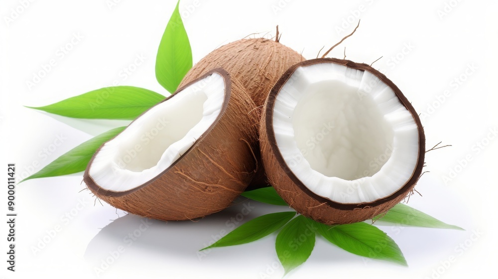 Fresh, Organic Coconut. Whole and Cracked Open with Green Leaves Fresh, Organic Coconut. Whole and Cracked Open with Green Leaves