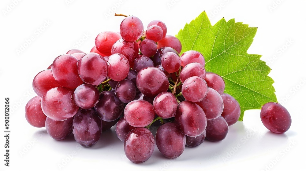 Fresh, ripe red grapes with leaves isolated on white background. Healthy food concept. Fresh, ripe red grapes with leaves isolated on white background. Healthy food concept.