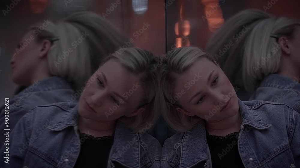 A woman in a denim jacket looks at her reflection in a mirror, exuding a modern and chic vibe A woman in a denim jacket looks at her reflection in a mirror, exuding a modern and chic vibe