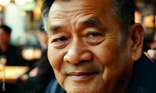 Portrait of an Asian senior man in a restaurant looking at camera