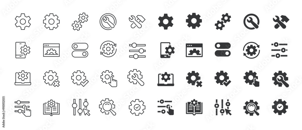 Settings thin line and glyph solid icons collection. Editable stroke ...
