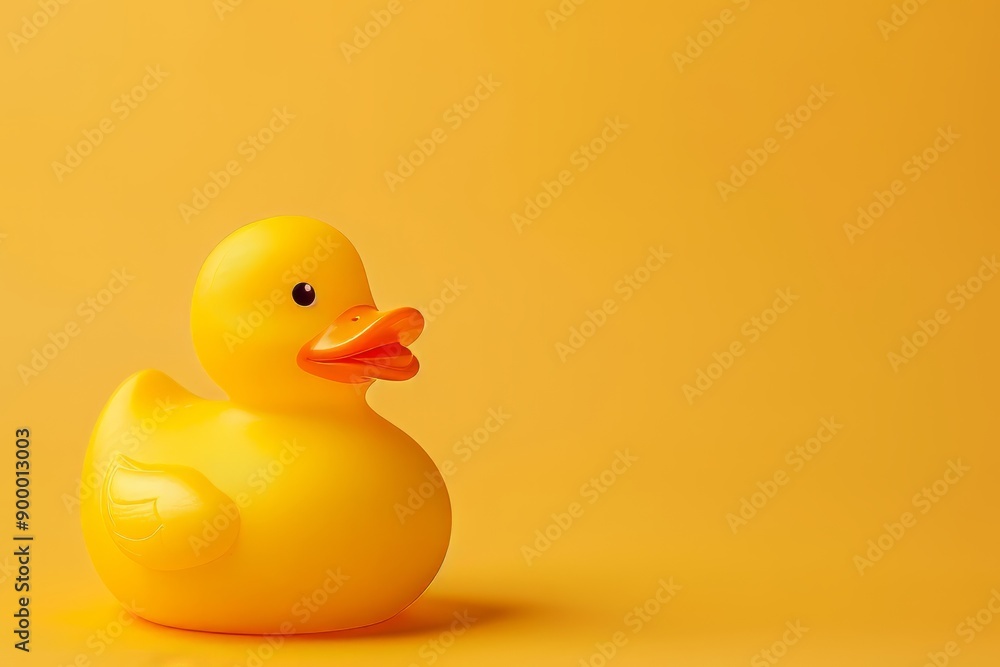A yellow rubber duck toy sits on a yellow background A yellow rubber duck toy sits on a yellow background
