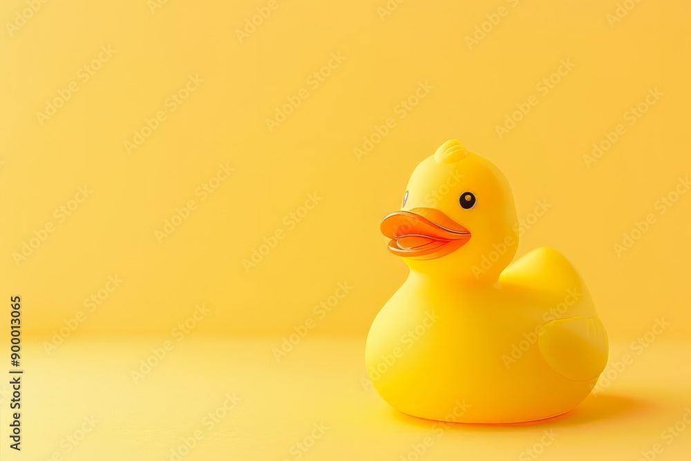 A yellow rubber duck toy sits on a yellow background A yellow rubber duck toy sits on a yellow background