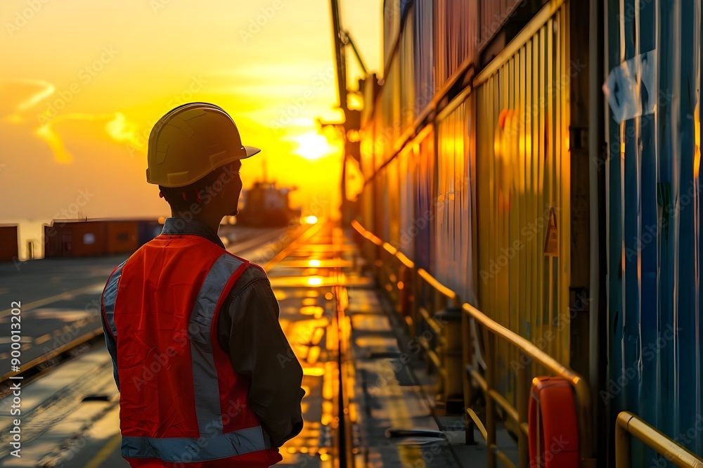 A worker wearing an orange jacket stands in front of a container with the sunset A worker wearing an orange jacket stands in front of a container with the sunset