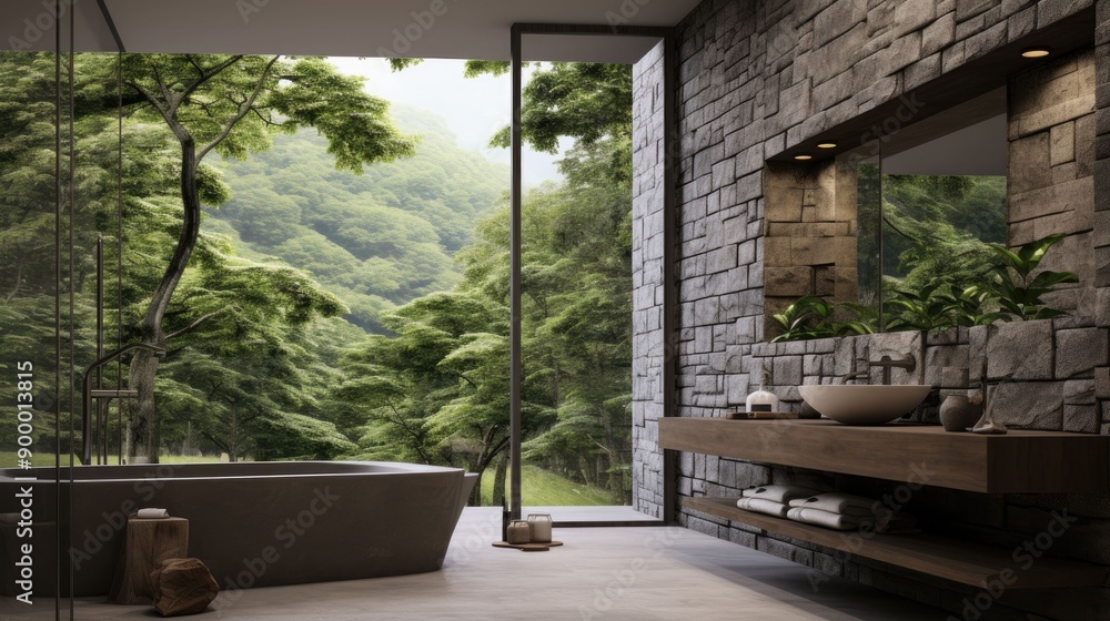 Modern Bathroom with Stone Wall and Forest View Modern Bathroom with Stone Wall and Forest View
