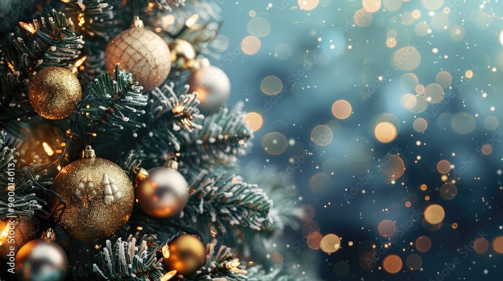 Christmas tree adorned with gleaming golden Christmas ornaments Festive winter scene with magical touches Christmas tree adorned with gleaming golden Christmas ornaments Festive winter scene with magical touches