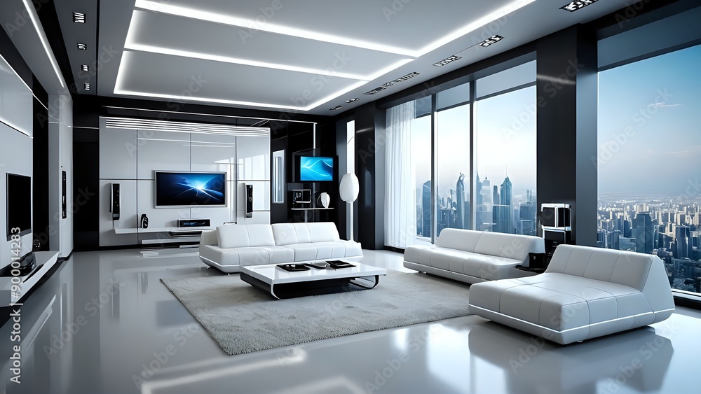 Fototapeta premium Modern living room with city skyline view.