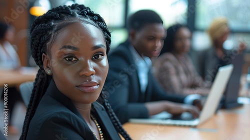 Attractive african young confident businesswoman sitting at the office table with group of colleagues in the background, working on laptop computer - generative ai © ImronDesign