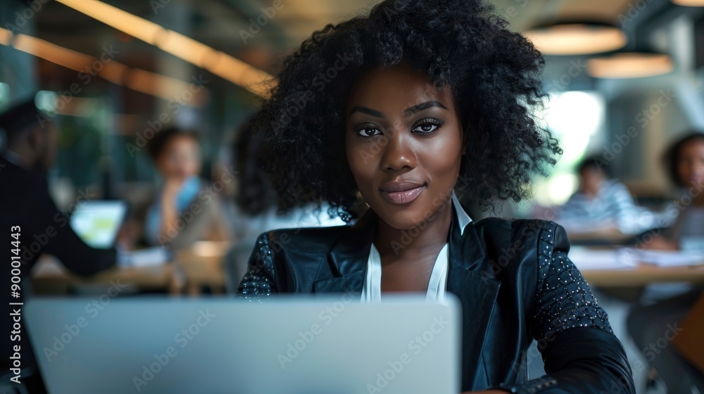 Attractive african young confident businesswoman sitting at the office table with group of colleagues in the background, working on laptop computer - generative ai Attractive african young confident businesswoman sitting at the office table with group of colleagues in the background, working on laptop computer - generative ai