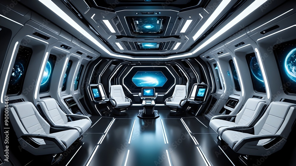 Futuristic spaceship interior with large windows and comfortable white seats. Futuristic spaceship interior with large windows and comfortable white seats.