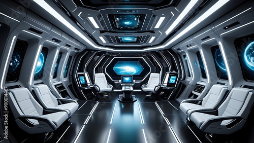 Futuristic spaceship interior with large windows and comfortable white seats.