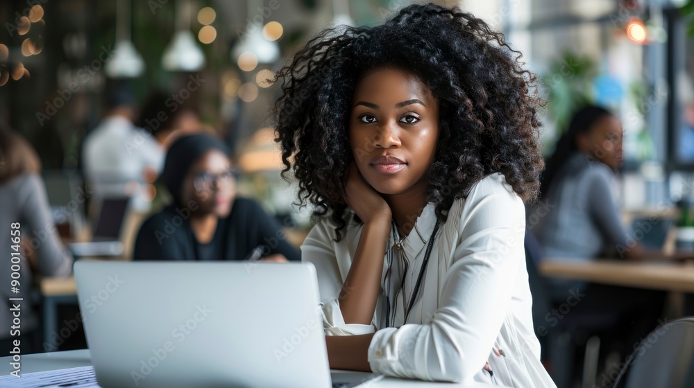 Attractive african young confident businesswoman sitting at the office table with group of colleagues in the background, working on laptop computer - generative ai Attractive african young confident businesswoman sitting at the office table with group of colleagues in the background, working on laptop computer - generative ai