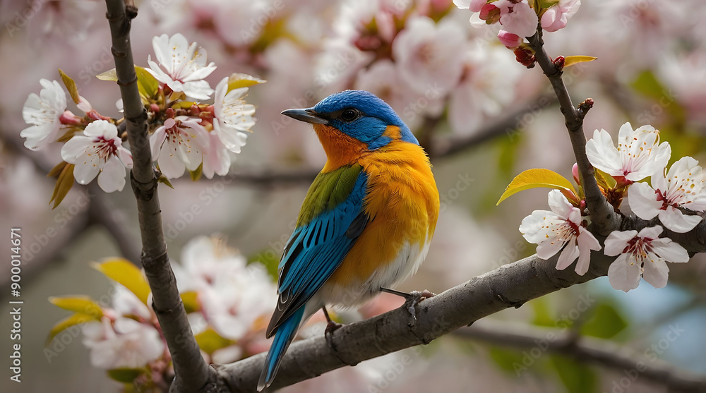 A Colorful Bird Perched on a Branch Among Pink Blossoms A Colorful Bird Perched on a Branch Among Pink Blossoms