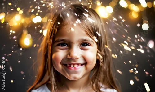 Portrait of smiling little girl with confetti against christmas lights