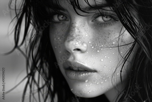 A close-up black and white portrait of a woman with wet hair and water droplets on her face, highlightin photo