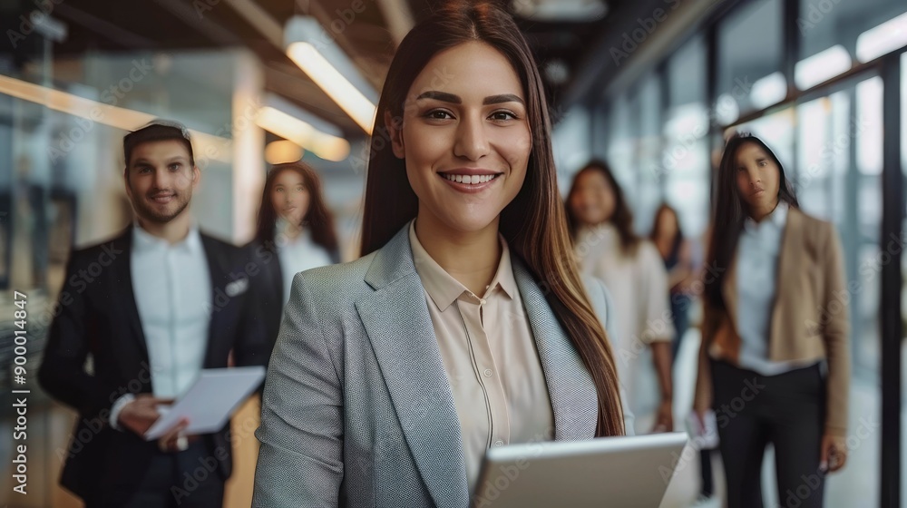 Smiling confident business leader looking at camera and standing in an office at team meeting. Portrait of confident businesswoman with colleagues in boardroom. Using digital tablet - generative ai Smiling confident business leader looking at camera and standing in an office at team meeting. Portrait of confident businesswoman with colleagues in boardroom. Using digital tablet - generative ai