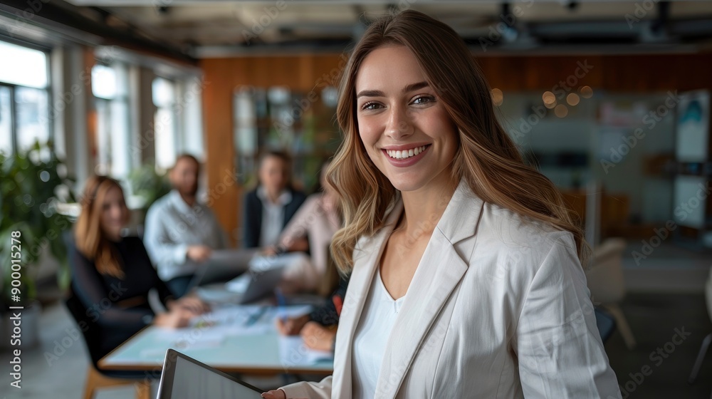 Smiling confident business leader looking at camera and standing in an office at team meeting. Portrait of confident businesswoman with colleagues in boardroom. Using digital tablet - generative ai Smiling confident business leader looking at camera and standing in an office at team meeting. Portrait of confident businesswoman with colleagues in boardroom. Using digital tablet - generative ai