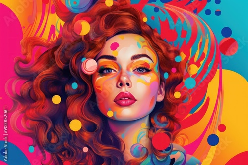 A Woman with Vibrant Red Hair and Colorful Makeup Surrounded by Abstract Shapes