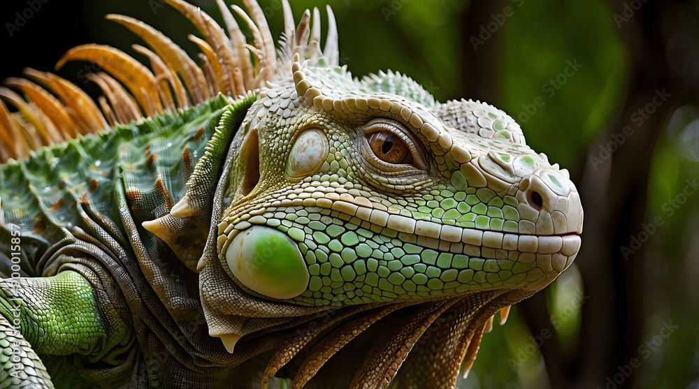 Fototapeta premium Close-up of an Iguana's Head with Spiked Crest and Eye