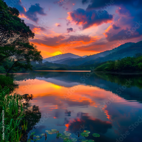 Tranquil Sunset over Majestic Mountains and Serene Lake Reflecting Vibrant Sky © Howard