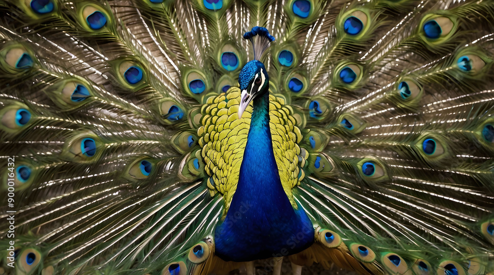 Fototapeta premium Peacock with its feathers spread out in a fan shape