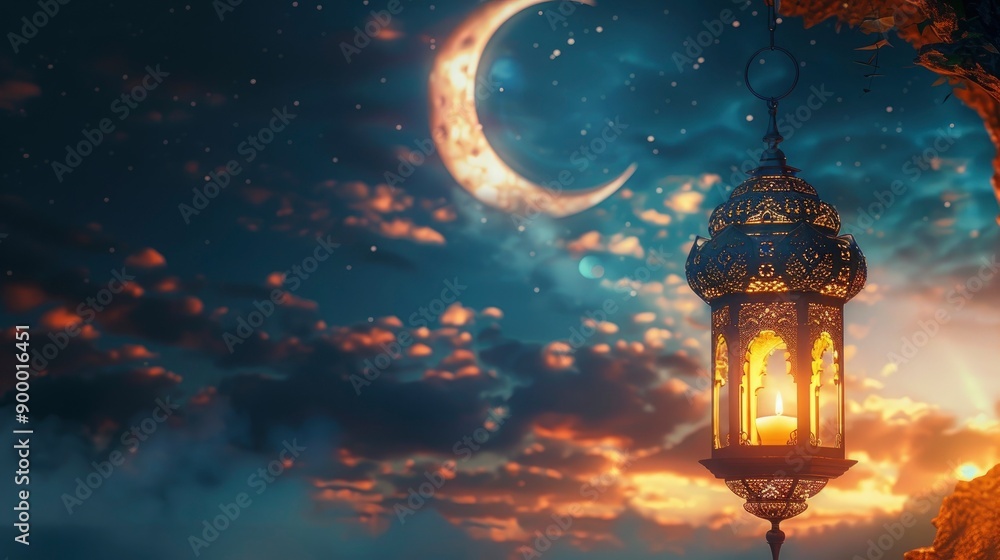 Islamic greetings ramadan kareem card design template. Space for text. background with beautiful lantern and crescent. Post-processed, generative ai Islamic greetings ramadan kareem card design template. Space for text. background with beautiful lantern and crescent. Post-processed, generative ai