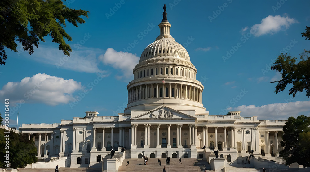 Naklejka premium The United States Capitol Building with Tourists and a Blue Sky