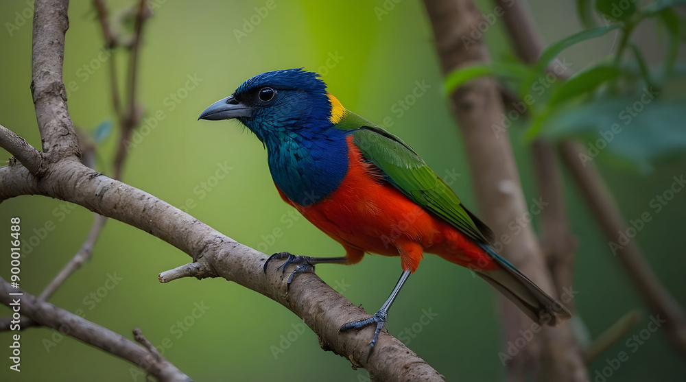 Colorful Bird Perched on Branch in Green Foliage Colorful Bird Perched on Branch in Green Foliage