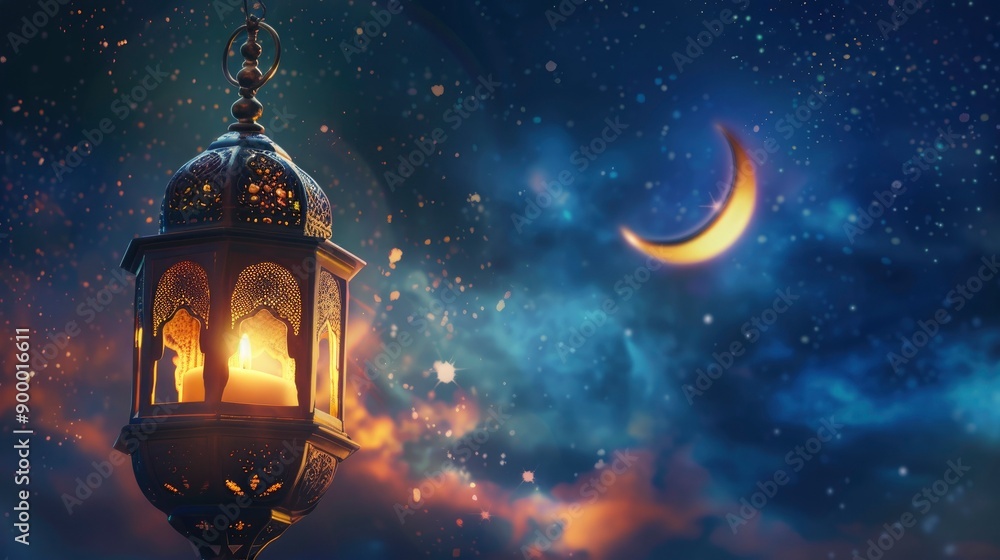 Islamic greetings ramadan kareem card design template. Space for text. background with beautiful lantern and crescent. Post-processed, generative ai Islamic greetings ramadan kareem card design template. Space for text. background with beautiful lantern and crescent. Post-processed, generative ai