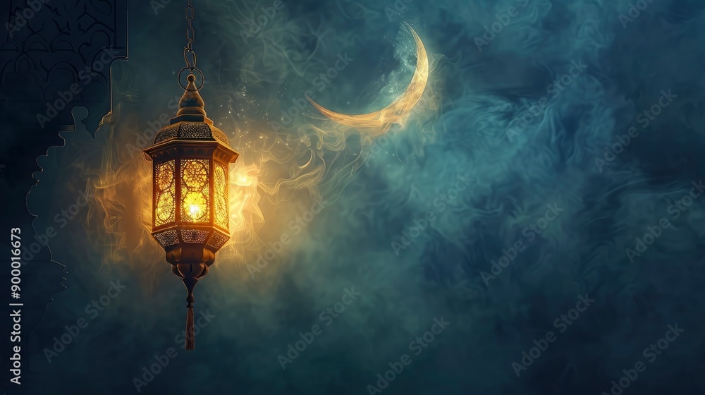 Islamic greetings ramadan kareem card design template. Space for text. background with beautiful lantern and crescent. Post-processed, generative ai Islamic greetings ramadan kareem card design template. Space for text. background with beautiful lantern and crescent. Post-processed, generative ai