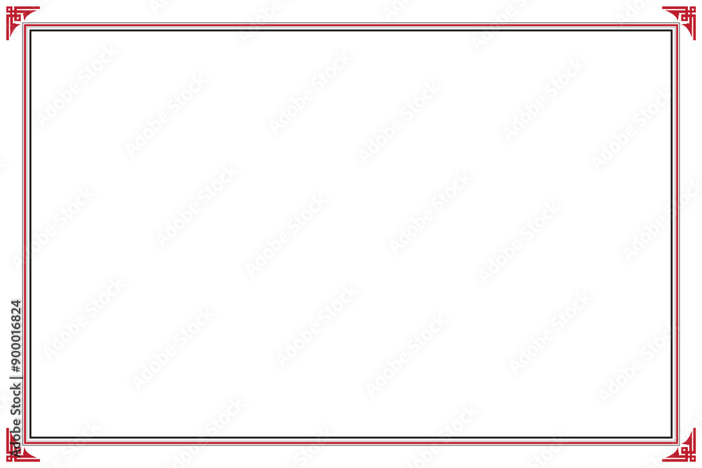 Obraz premium Elements of ornate vintage frames. Black and red on white oriental motifs, chinese style. Design print for greeting cards, wedding invitations, restaurant menu, royal certificates. Set 72