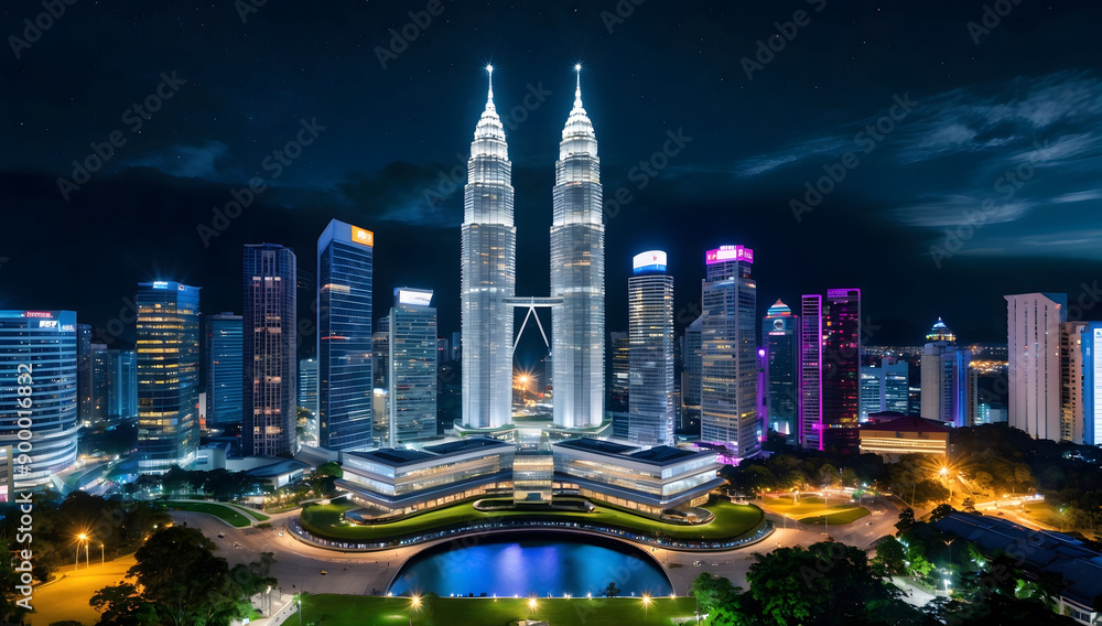 Obraz premium Nighttime view of the Petronas Towers and surrounding skyscrapers in Kuala Lumpur