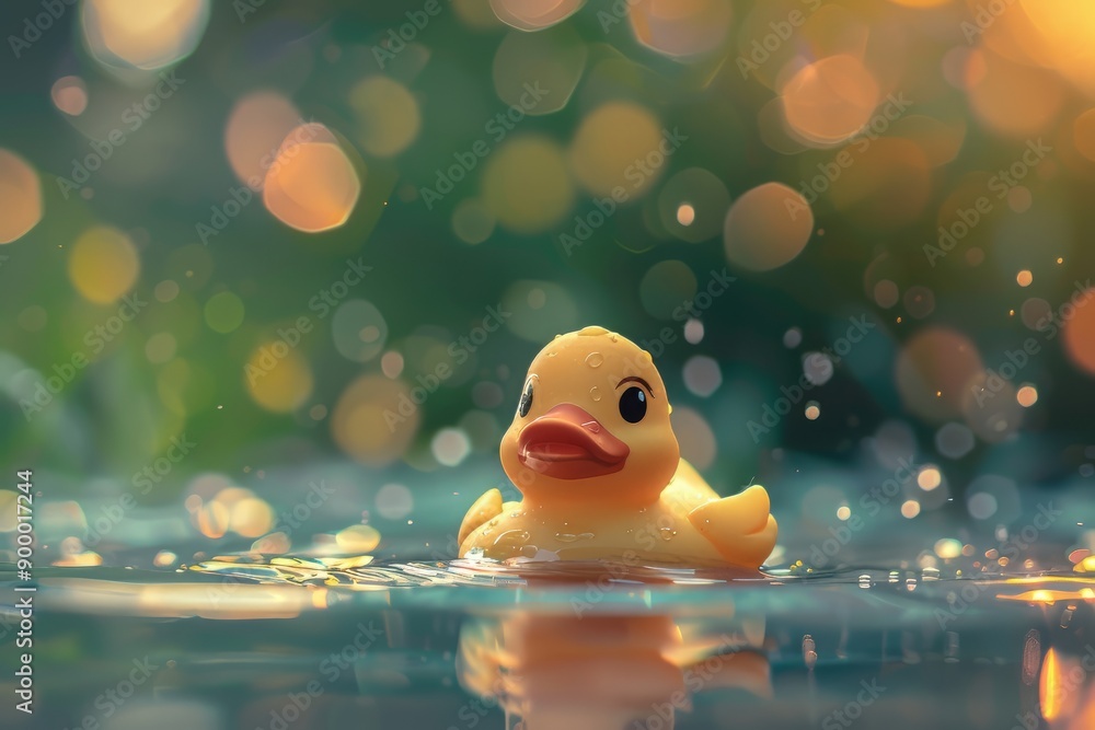 Cute rubber duck swimming in the puddle.Hello summer. Cute rubber duck swimming in the puddle.Hello summer.
