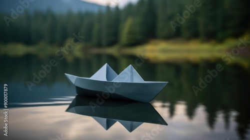 A Paper Boat Floating in a Tranquil Forest Lake