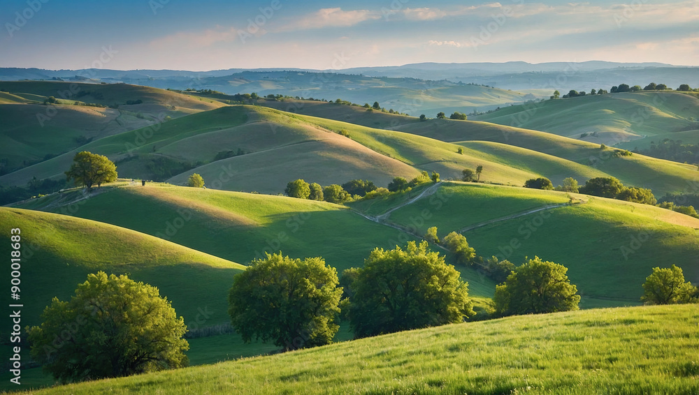 Obraz premium Rolling green hills and meadows under a blue sky with fluffy clouds.