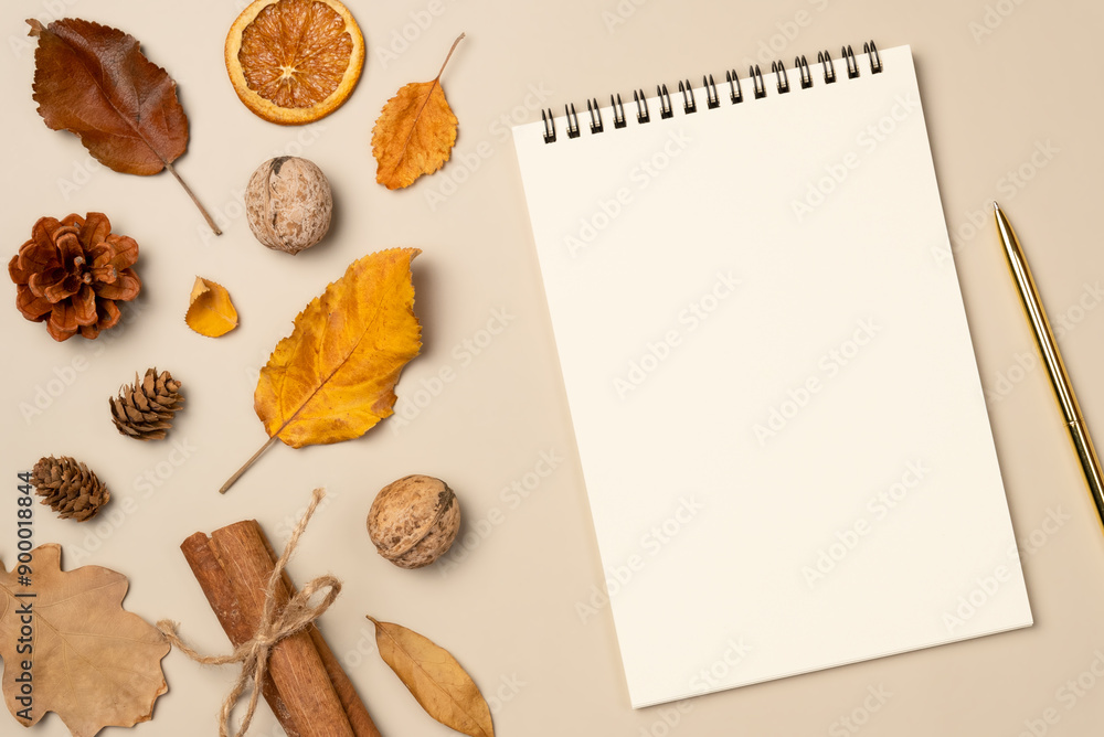 Empty notebook with pen on beige background. from above. Autumn composition. Flat lay, top view Empty notebook with pen on beige background. from above. Autumn composition. Flat lay, top view